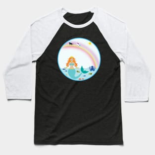 Mermaid in Sea with fish octopus crabs turtles unicorns and rainbow Baseball T-Shirt